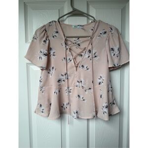 Kimchi Blue XS Pale Pink Floral Blouse Sheer Black and White Lace Up